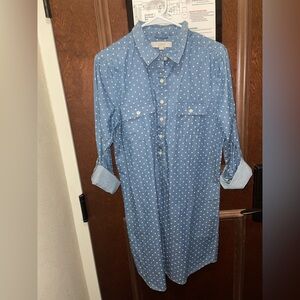 Ann Taylor LOFT Denim Blue Dress with White Polka Dots Size Medium